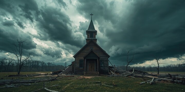 Damaged modern wooden church post-tornado, highlighting disaster resilience issues