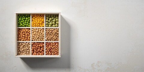 Variety of legumes including peas corn beans and lentils arranged in a white wooden cell box, nutrition diversity