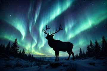 Majestic deer silhouette standing under the colorful aurora borealis northern lights in a snowy pine forest at night
