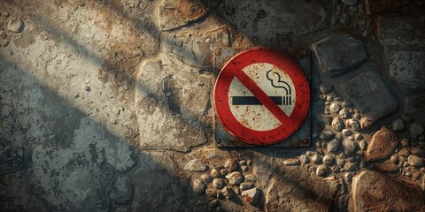 Weathered no smoking sign made of rusty metal on rough stone wall, safety compliance indicator