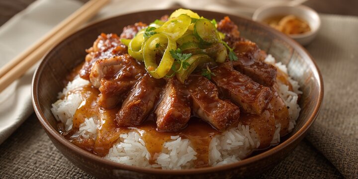 Pork rice dish from Taiwan featuring pickled toppings and savory broth, highlighting cultural cuisine