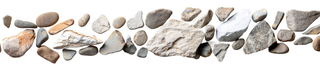 Fototapeta premium Gravel walkway slice viewed from above displays a variety of fine pebbles. This cut-out element features smooth textures and different stone shapes suitable for backgrounds