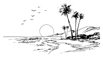 Hand drawn tropical beach landscape sketch with palm trees and sunset © Tomas