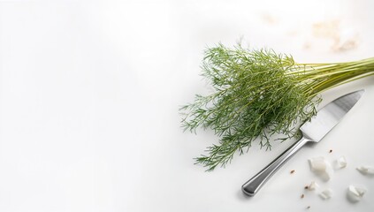 Fototapeta premium Dill leaf isolated on white surface, highlighting its role as a fresh ingredient in cooking, herbal medicine, herb preparation