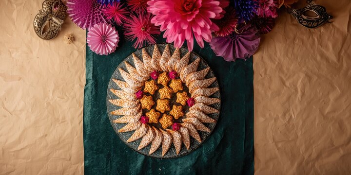 Crunchy fried sweet pastries with powdered sugar, arranged on a table for Halloween celebrations and seasonal indulgence