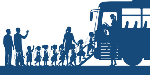 Blue silhouettes of children and adults boarding a bus with backpacks school bus transportation
