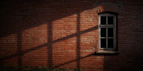 Red brick wall backdrop with shadowed window area, suitable for text and layout design