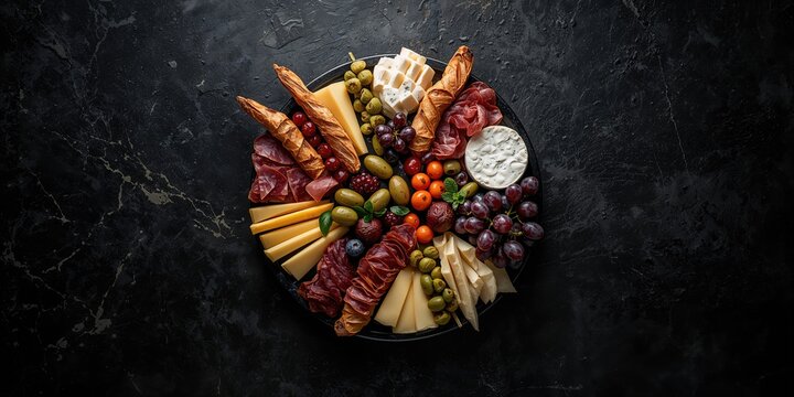Assorted Italian cheese and meat snacks arranged on a black stone surface, suitable for gourmet tasting