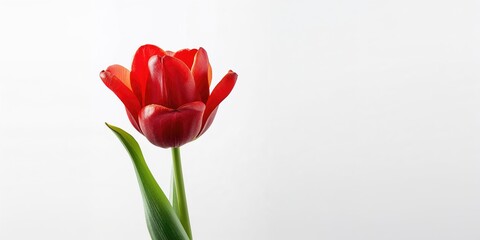 Obraz premium Single red tulip flower on a plain white background for floral pattern or decorative layout, World Flower Day
