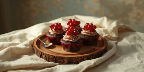 Baked cupcakes with currants arranged on a cloth, ideal for culinary showcase or bakery setting