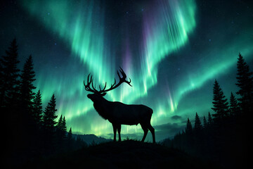 Silhouette of a majestic deer stag under the vibrant aurora borealis northern lights in a winter forest