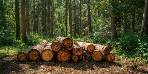 Tree trunks arranged after felling in a mixed forest, logging operations and forest management practices