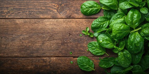 Obraz premium Fresh green baby spinach leaves spread on a wooden surface used for culinary preparation, healthy eating habits