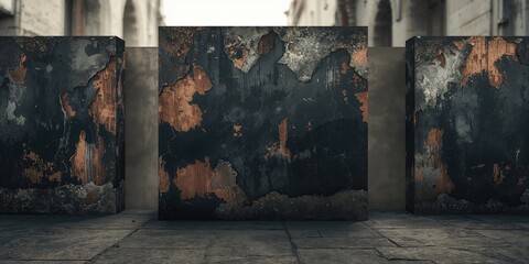 Damaged exterior wall with peeling paint and structural collapse, ideal for layout backgrounds, World Maintenance Day