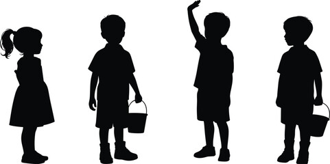 Silhouettes Of Four Young Children Standing Together With Buckets kids boys © rayhan039