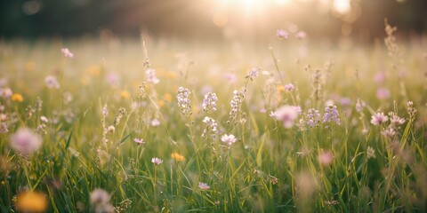 Dreamy floral scene with soft focus in a vibrant field at dawn, suitable for editorial header background, World Biodiversity Day