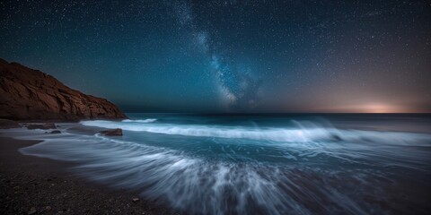 Fototapeta premium Night scene of waves crashing against rocks under a starry sky on a coastal cliff, highlighting shoreline stability, World Oceans Day