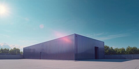 Fototapeta premium Large industrial iron warehouse topped with solar panels, emphasizing renewable energy use, Earth Day