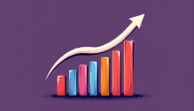 Colorful Bar Graph Illustration with Rising Arrow on Purple Background Representing Growth and Success in Business Statistics - Powered by Adobe