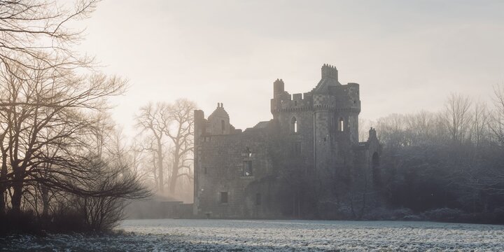 Winter scene of Mugdock Castle ruins in Glasgow viewed through trees, seasonal erosion risks