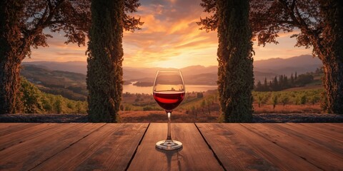 Obraz premium Red wine glass in outdoor setting with scenic landscape, highlighting leisure during seasonal celebrations, World Malaria Day