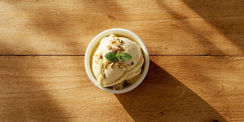 Pistachio ice cream in a bowl on a rustic wooden background, suitable for menu layout