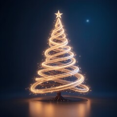 Elegant abstract Christmas tree design rendered with glowing gold wireframe and illuminated lights, topped with a bright star.