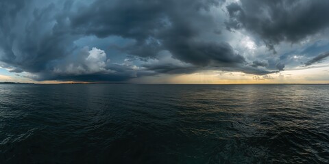 Obraz premium Panoramic view of a lake with thunderclouds overhead before rainfall, atmospheric weather patterns