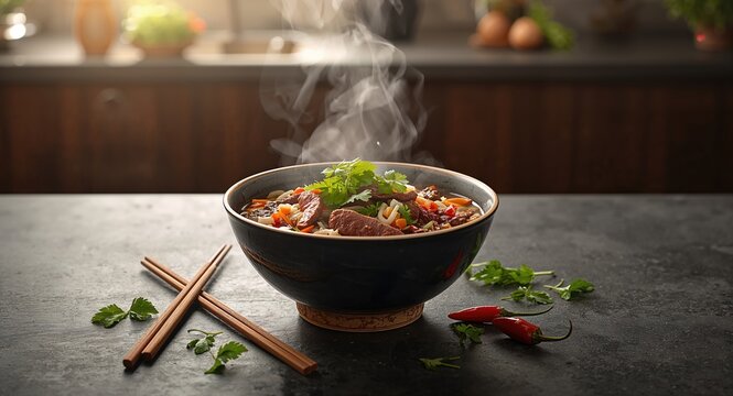 Vietnamese soup Pho Bo with vegetables and rice noodles served in a bowl, highlighting traditional cuisine for cultural appreciation