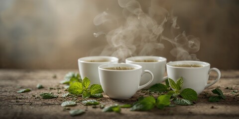 Mint herbal tea in small cups with fresh leaves, highlighting natural antioxidants, World Tea Day