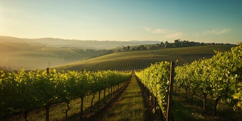 Obraz premium Grapevine rows in a scenic rural setting, emphasizing seasonal crop growth, International Harvest Festival