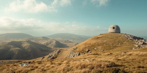 Scout Scar landscape showing mushroom shelter near Kendal, seasonal change awareness