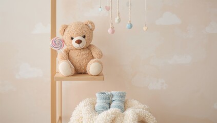 Teddy bear, lollipop, and baby booties, emphasizing childhood innocence in a retail setup, nursery decor theme
