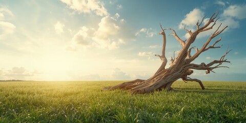 Withered tree amid air pollution and lush grass beneath a bright sky, highlighting environmental degradation