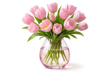 Pink tulips in glass vase with water beautiful spring flower bouquet isolated on white background