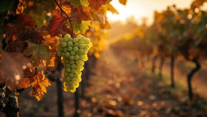 Obraz premium Cluster of grapes attached to the vine with fall leaves in the background, highlighting agricultural cycles, Earth Day