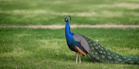 Obraz premium Vivid peacock with open tail showcasing colorful eye spots, highlighting natural beauty and display behavior