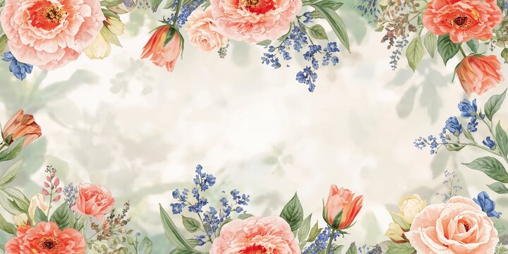 Fototapeta Colorful garden flower pattern with tulips, peony, rose, lily, and bluebell, designed for wedding invitations or decorative backgrounds, springtime floral motif