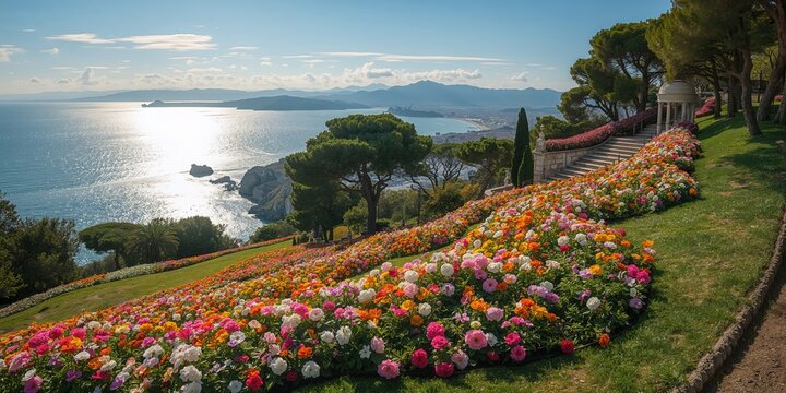 Mountain park featuring flower-lined stairs overlooking the sea, summer travel scene, nature and scenic landscape