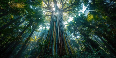 Sunlit rainbow eucalyptus foliage forming vibrant canopy, highlighting natural coloration