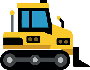 Naklejka premium Yellow Cartoon Bulldozer with Blue Window and Black Tracks