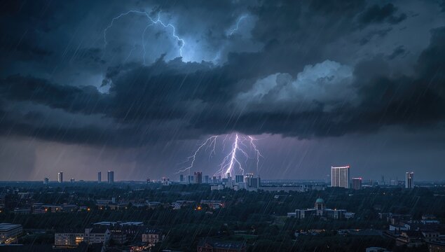 Urban landscape under a summer storm with lightning flashes, atmospheric natural phenomenon, Earth Day
