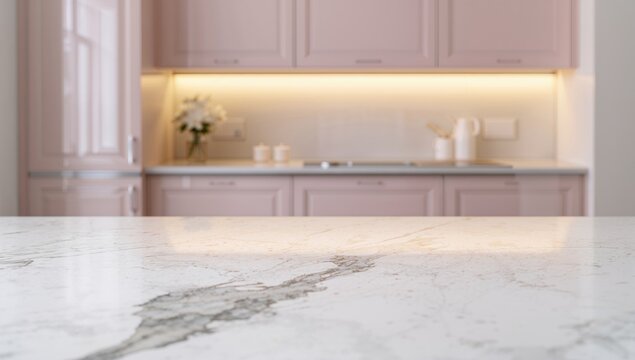 White marble surface in a pastel pink kitchen setting, designed for product placement and visual emphasis
