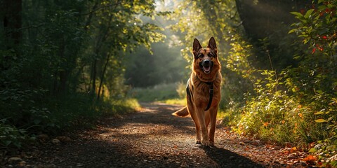Fototapeta premium German shepherd on a forest trail, highlighting canine outdoor exercise and natural surroundings