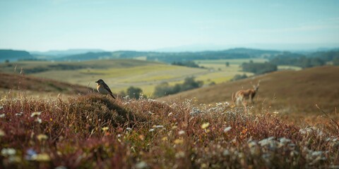 Fototapeta premium Early spring scene with a person in winter clothing amidst a heath landscape, highlighting seasonal change