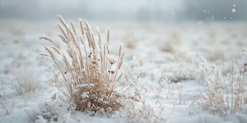Fototapeta premium Snow-dusted dried plants in a winter meadow, suitable for editorial header backgrounds