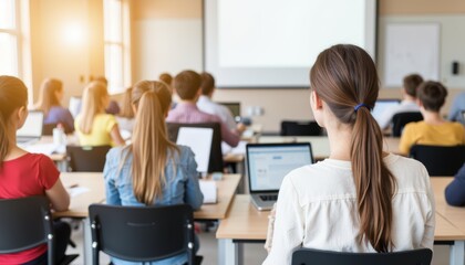 Group of students attending a lecture in classroom, focused on presentation. Concept of education, learning environment, or academic engagement. Useful for articles on training and development.