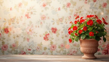 Obraz premium Colorful geraniums in flower pots, arranged as a yard decoration, emphasizing horticultural maintenance