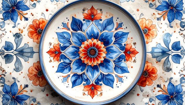 Decorative ceramic plate with floral design and background pattern