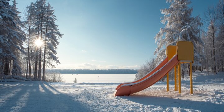 Beach scene blanketed in snow with winter forest and icy water, ideal for winter-themed layouts